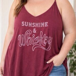 Torrid “Sunshine & Whiskey” Tank Top | Burgundy/Mauve V-Neck Spaghetti Strap
